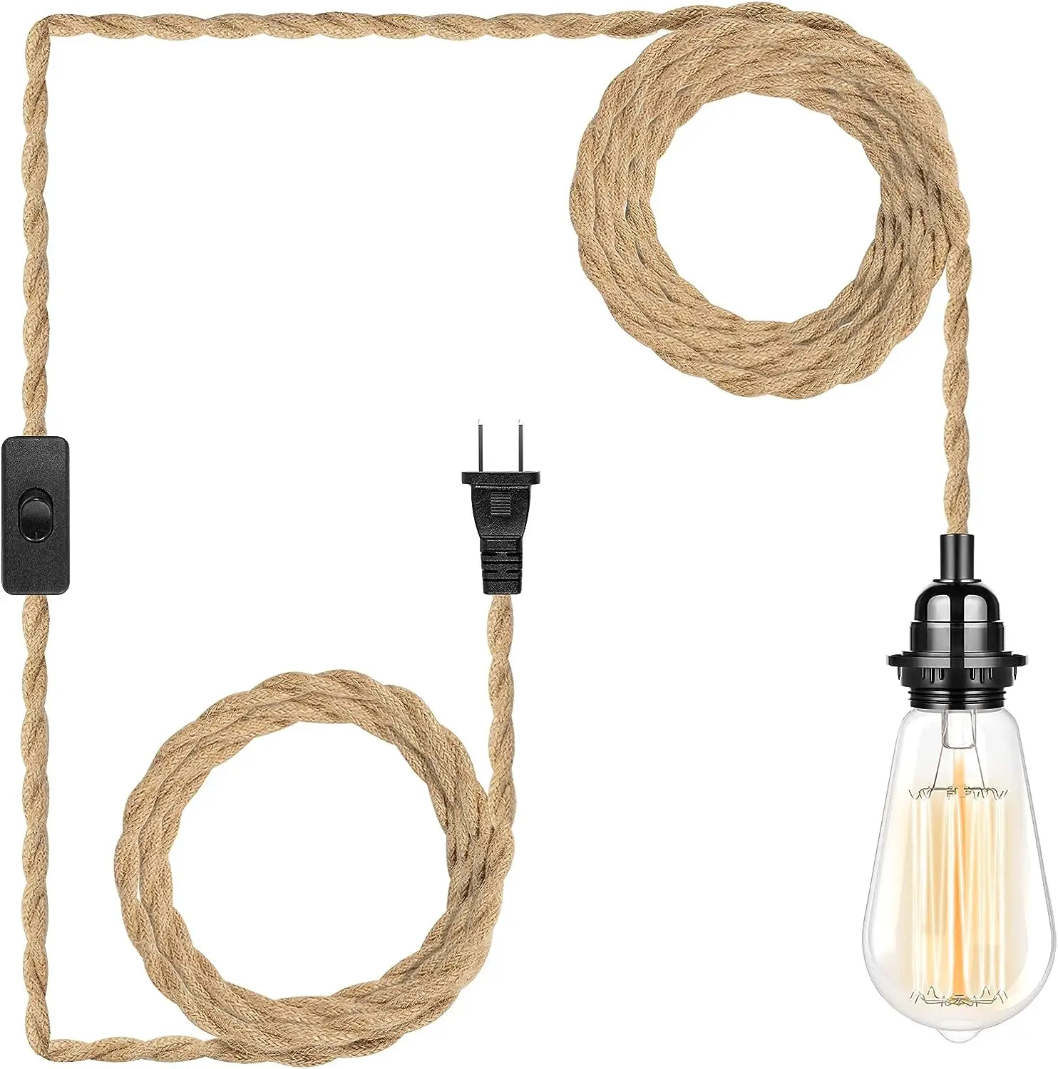 Hang Light Fixture,15FT Pendant Lamp Lights Cord with Switch E26 Bulbs Socket,Industrial Twisted Hemp Rope Lamps for Home Light