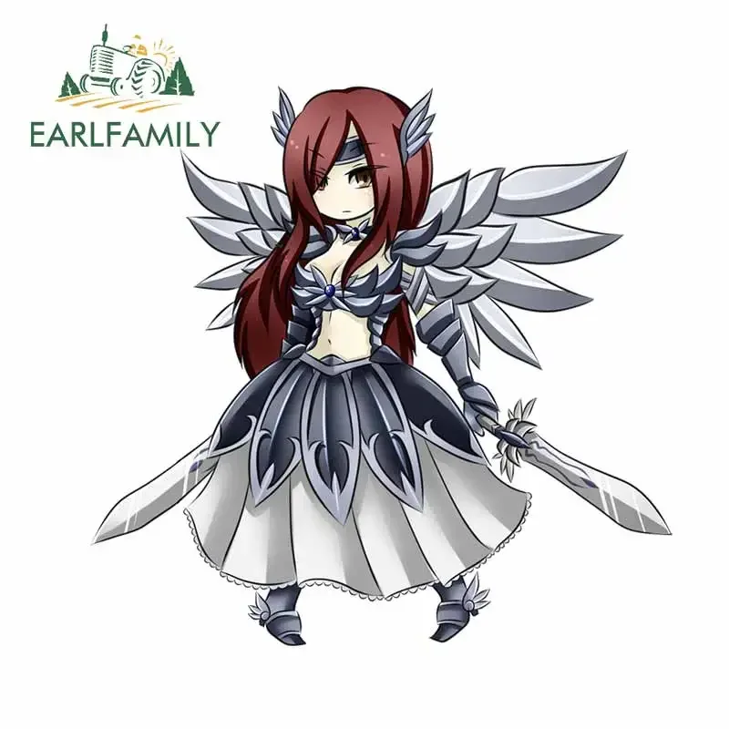EARLFAMILY 13cm x 12.6cm Silver Set Wings Girl Car Stickers Chibi Anime Long Sword Decal Custom Printing Caravan Sunscreen Decor