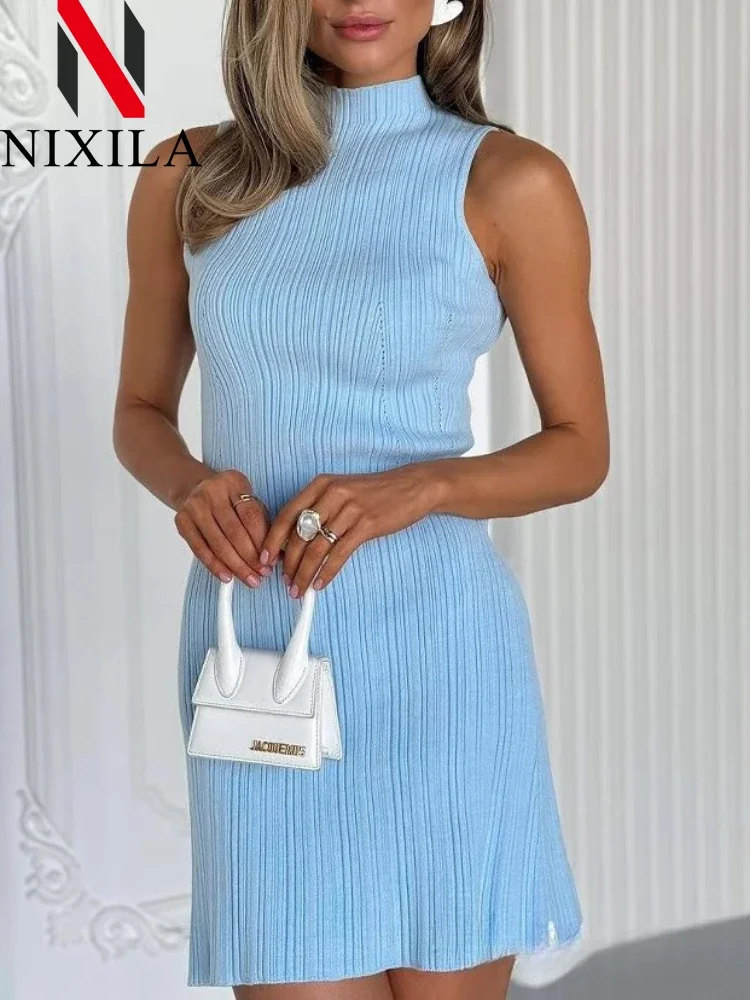 

Spring Summer Women Knitted Long Dress Elegant Turtleneck Sleeveless Basic Bodycon Solid Maxi Dresses Female Vestidos Clothing
