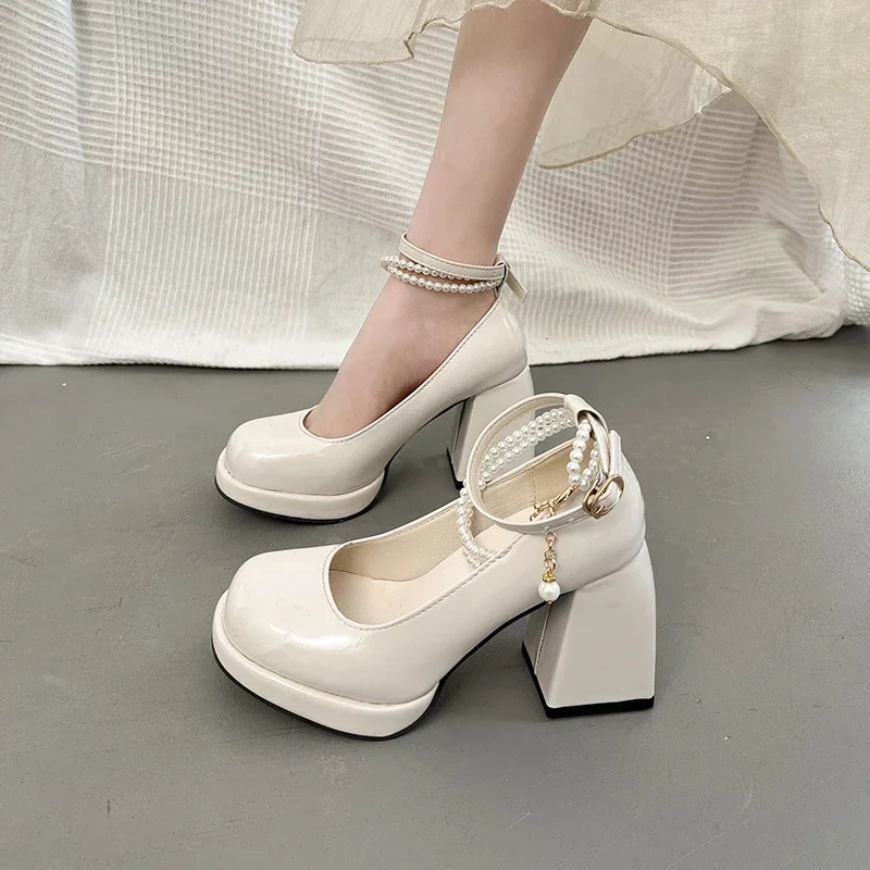 Fashion Ankle Strap Pearl Pumps for Women New High Heels Platform Mary Janes Woan Round Toe Thick Heel Party Shoes Female