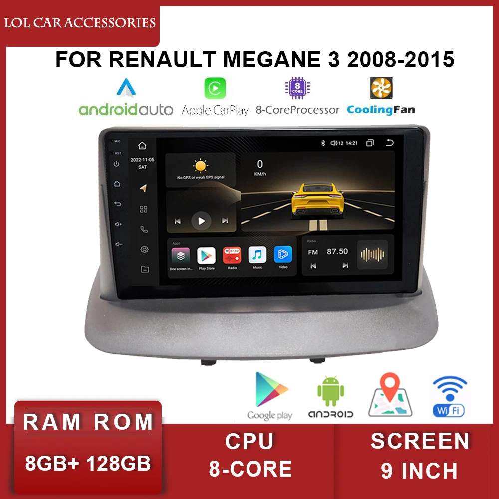 Para renault megane 3 2008-2015 qled android 12 rádio do carro estéreo 8 núcleo gps mp5 2 din unidade principal multimídia player