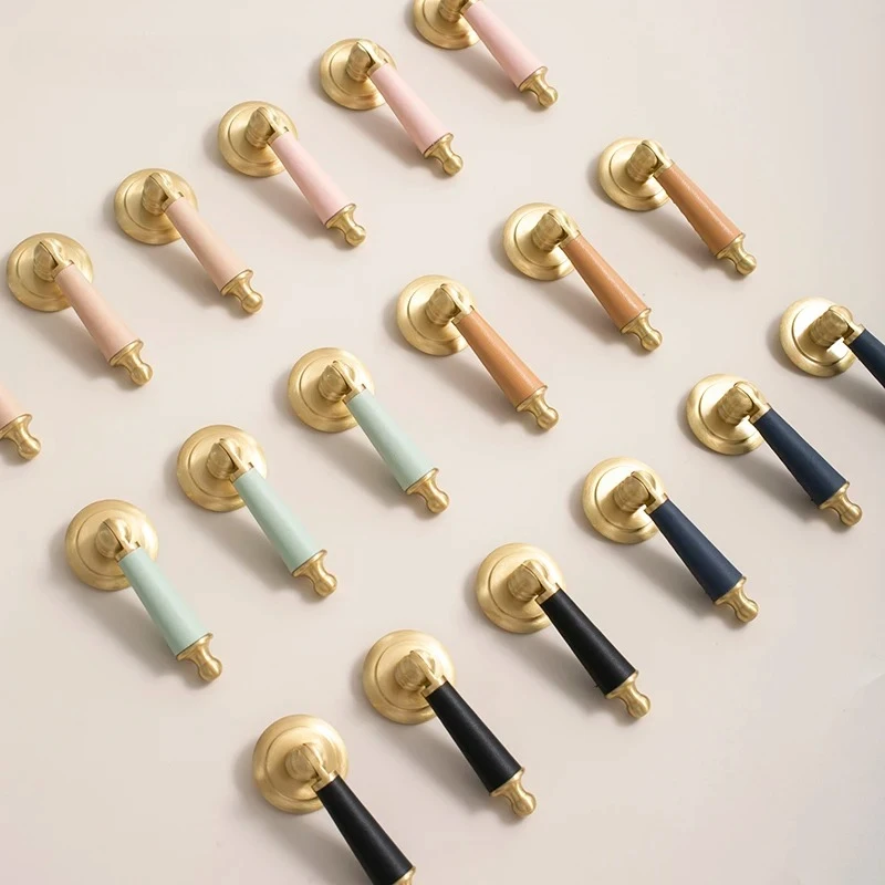 Cowhide+Brass Knobs and Pulls Leather Cabinet Cupboard Handles Bedroom Furniture Hardware Dresser Drawer Pulls Kitchen
