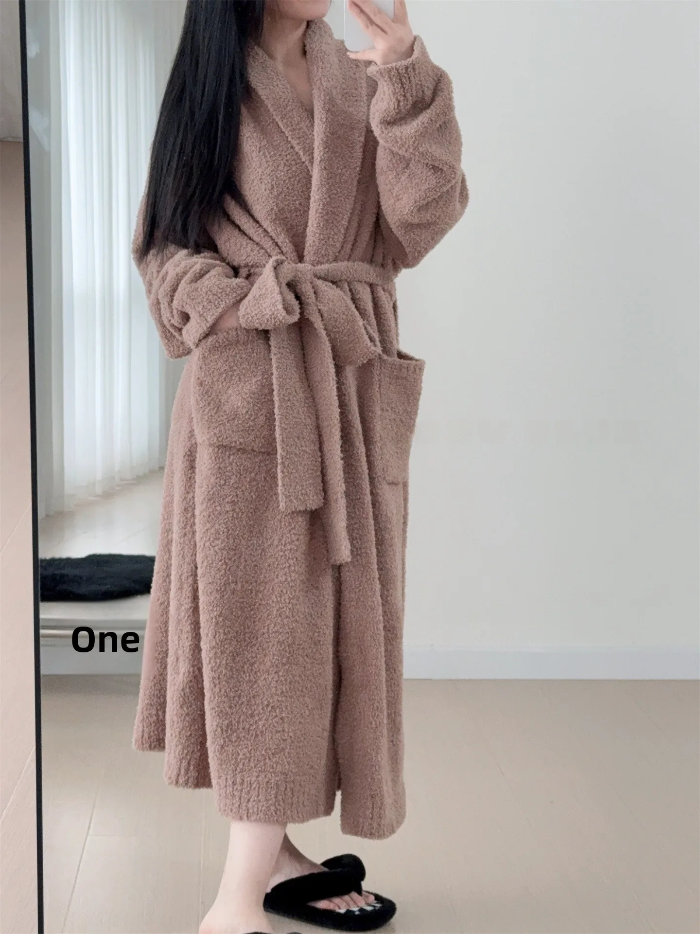 Soft Coral Fleece Striped Open Cardigan Belted Long Sleeve Cute Robe Loose Sleepwear Home Clothes for Women Youth All Seasons