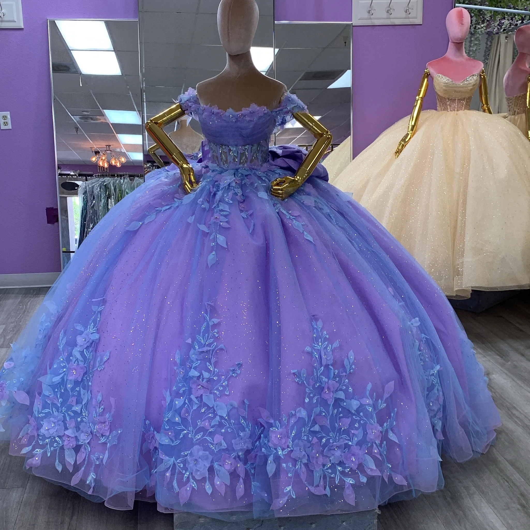 CloverBridal 2024 Free Customize Off  Shoulder Purple+ Blue Glitter Tulle Puffy Skirt Pagent Dress Leaves Sweety 16 Gown WQ9646