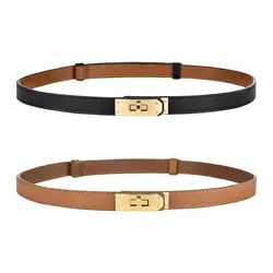 Adjustable Thin Belts for Women Leather Skinny Belt for Women Dresses Solid Color Alloy Turn Lock Belts