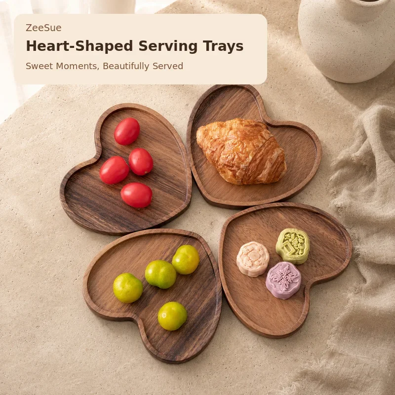 Heart-Shaped Wooden Serving Tray, Walnut-Tone Snack and Dessert Plate for Fruit, Candy and Tea
