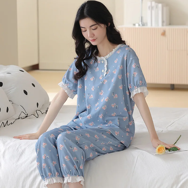 Spring And Summer Women\'s Pajamas Short Sleeve Capri Pants Girls Vintage Home Clothes Cotton Loose Casual Suit Summer