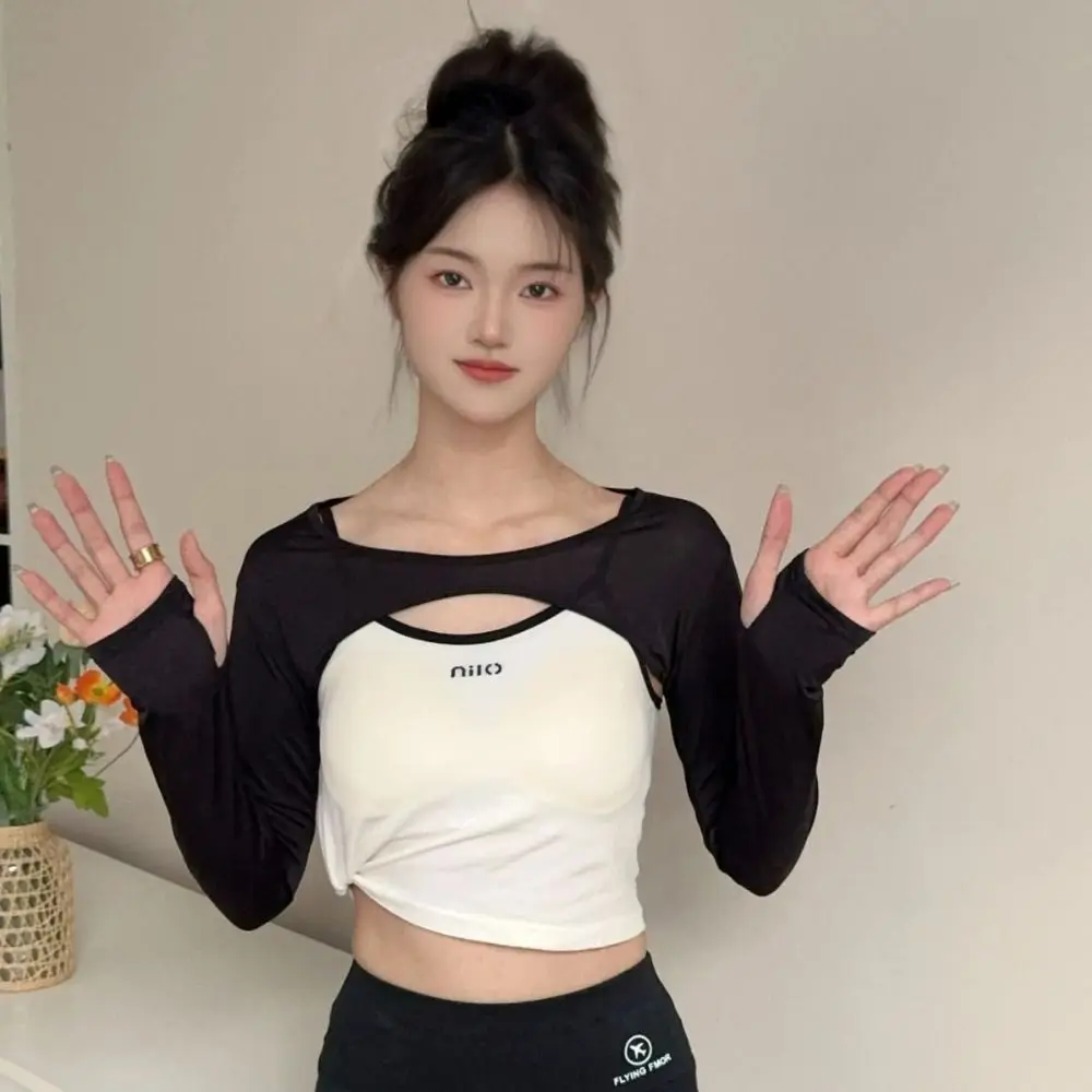 Ultra-thin Long Sleeve Crop Top Quick-Drying Solid Color Long Ice Silk Sleeves UV Protection Short Blouse Sunscreen Arm Covers