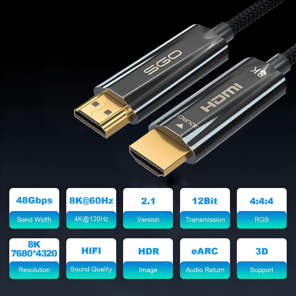 8K HDMI Fiber Optic Cable Unidirectional 48Gbps Ultra High-Speed Slim HDMI Braided Cord 8K@60Hz 4K@120Hz Dynamic HDR eARC 3D