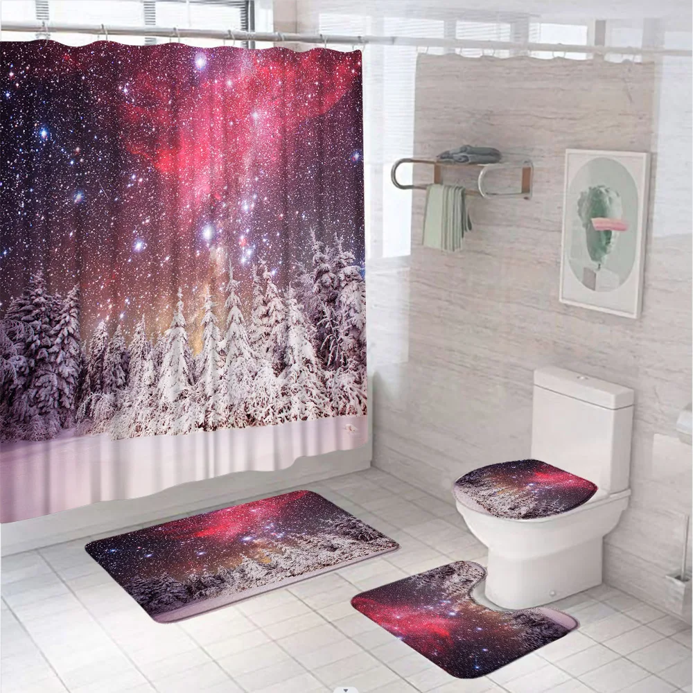 

Rustic Winter Scenery Shower Curtain Set Natural Snow Forest Starry Sky Pine Tree Flannel Bath Mat Bathroom Rug Toilet Lid Cover