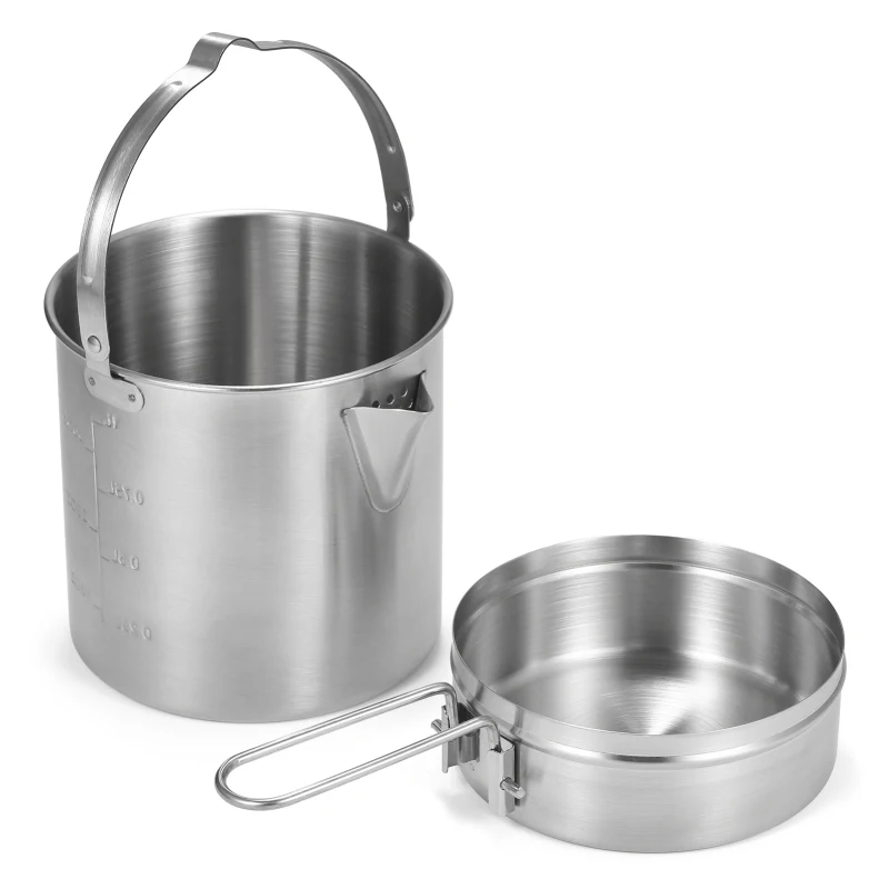 1L Stainless Steel Cooking Kettle Portable Outdoor Camping Backpacking Pot with Foldable Handle