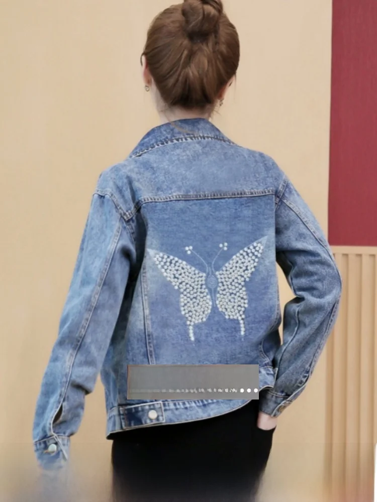 

Модная женская джинсовая куртка из плотного денима на весну-осень, без этикетки, для повседневной носки, свободного кроя, с длинными рукавами