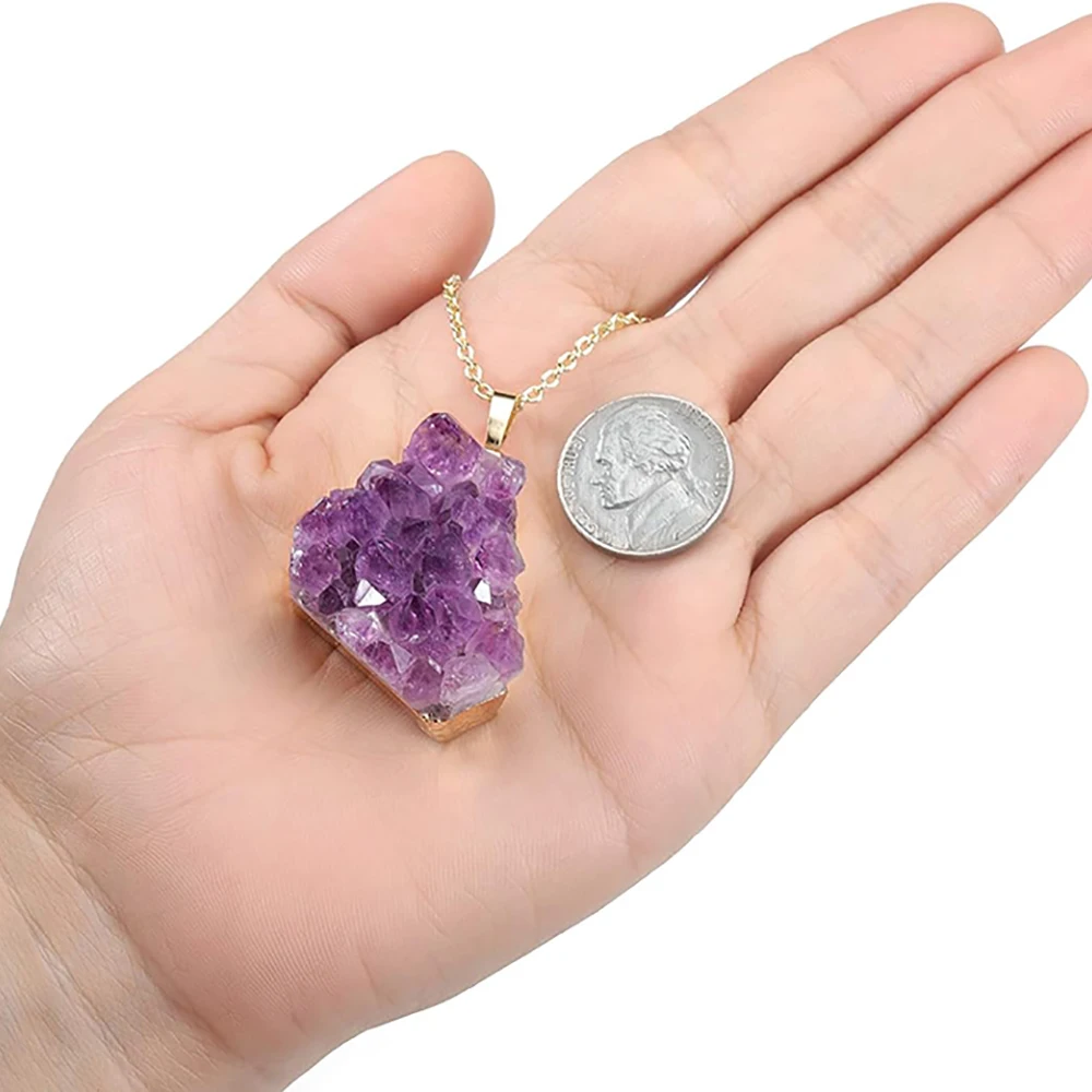 Natural Raw Uruguay Amethyst Healing Crystals Stone Pendant Irregular Mini Cluster Golden Edge Druzy Necklace for Women Jewelry