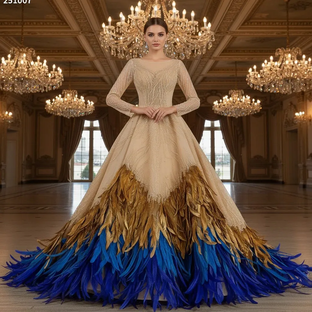 

Rosymae Women's Champagne Gold Bridal Dress Long Sleeve Wedding Gown with Feathers vestido de boda