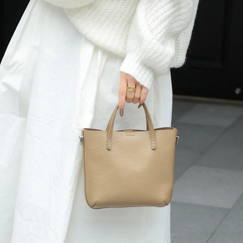 Genuine Leather Minimalist Mini Tote Bag Women Timeless Solid Color Crossbody Bags Lady Casual Multi-functional Shoulder Bag
