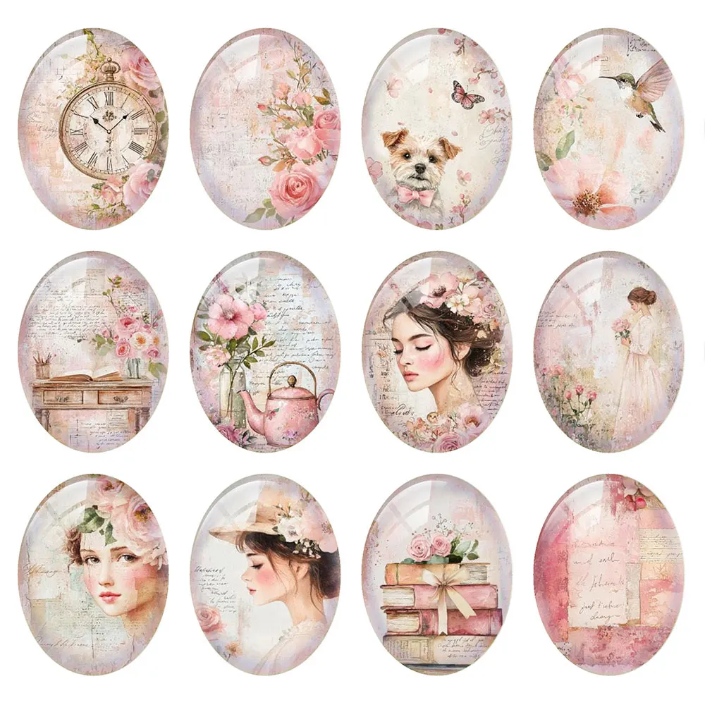 Random Mixed Round/Oval/Square Pink Rose Vintage Lady Letter Photo Glass Cabochon Flatback Demo Cameo For Diy Jewelry Making