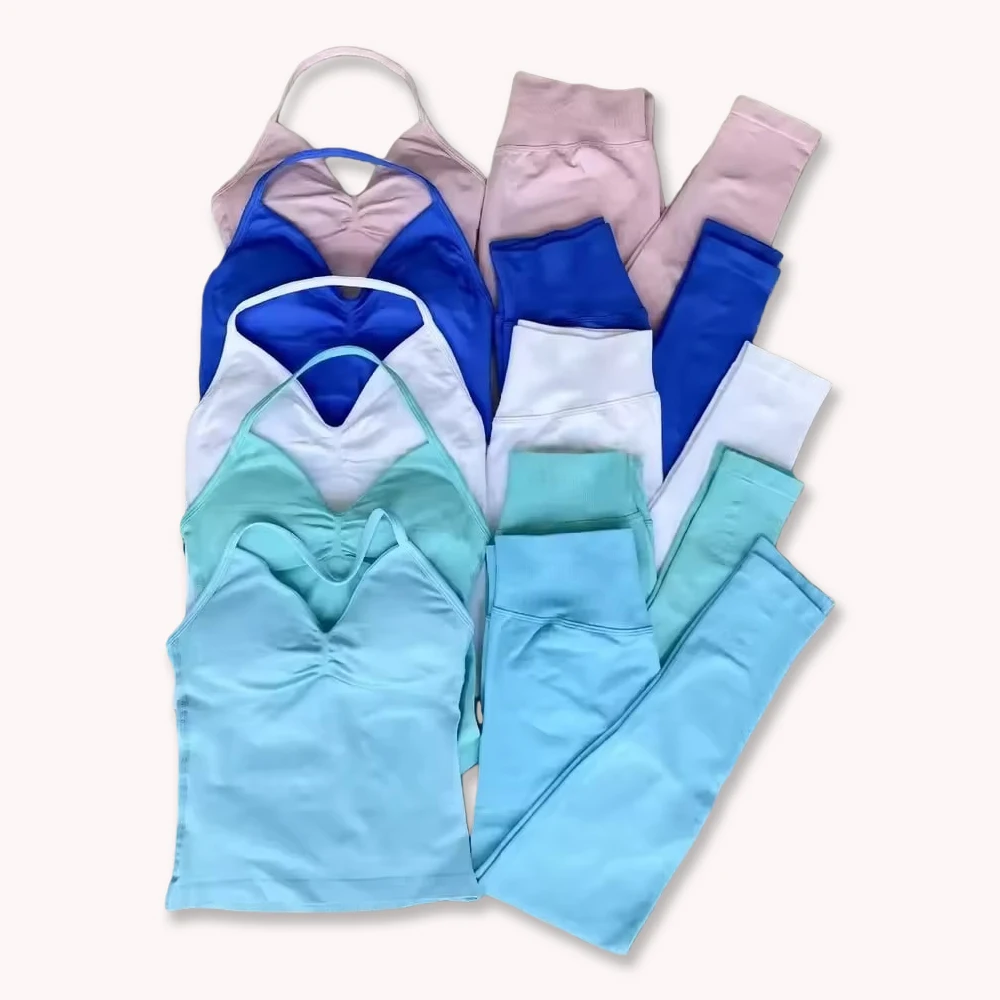 DF L0G0 Women 2Pcs Impact Yoga Set, Seamless Strappy Longline Tank Top Scrunch Butt Lifting Leggings Gym Workout Outfit