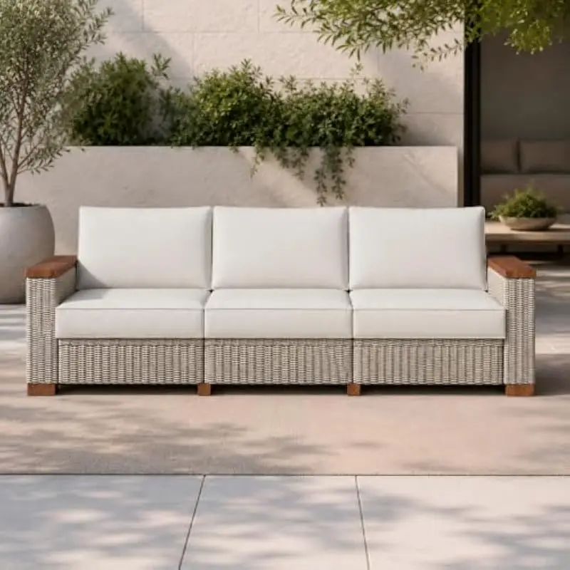 Modern Outdoor Wicker Sofa Set with Curved Rattan Frame Beige Cushions Extra Wide Armrests 4.72 Inch Thick Padded Seating UV Res