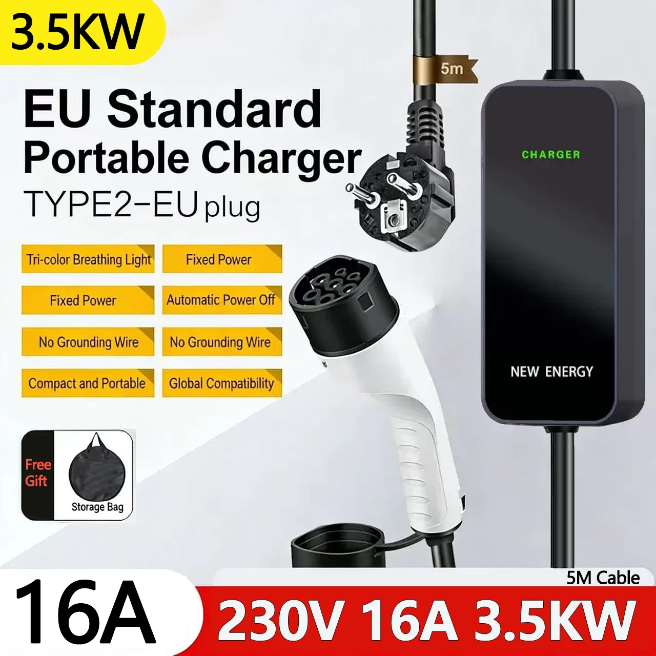 EV Portable Charger Type2 / GB/T Plug Connector 16A 1Phase 3.5KW 5m Wallbox Charging Station for Electric Vehicle