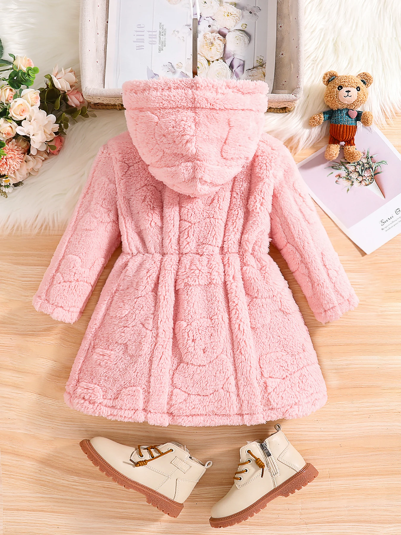 Girls spring fall children fashion pink velvet hooded coat 4-8Y1 piece