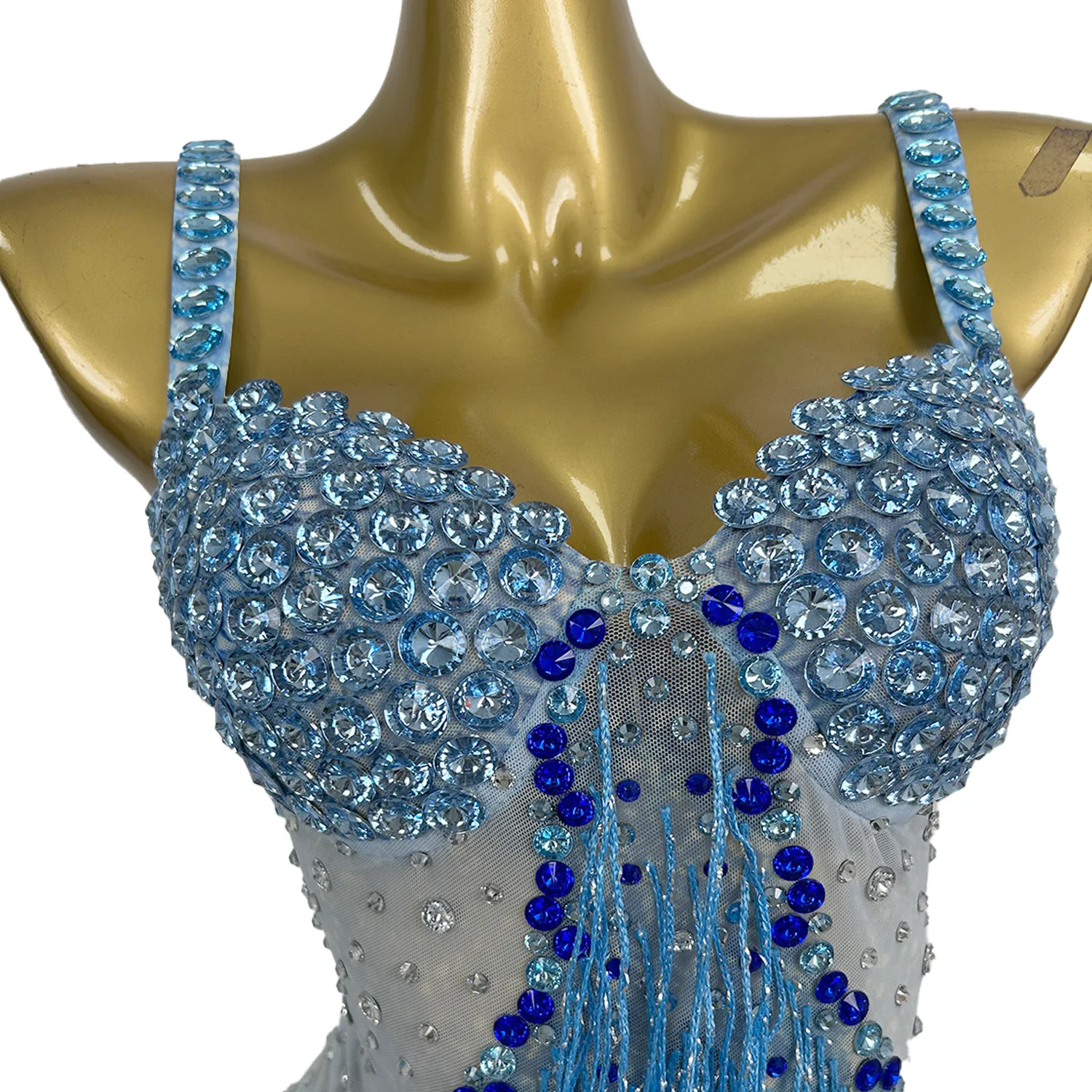 Vestido largo elegante de malla transparente con borlas en capas, vestido de noche azul brillante con diamantes de imitación, fiesta de celebración de cumpleaños, Lantian de alta costura Sexy