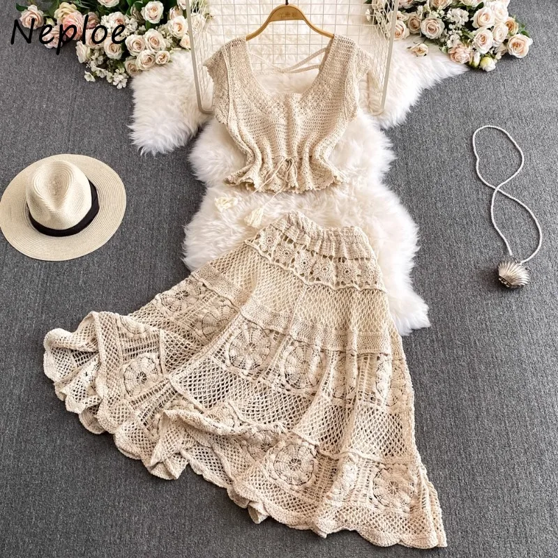 Neploe Elegant Sweet Hollow Out Knitted Vest for Women+ Y2k High Waist Loose Lace Skirts 2024 Summer N Ew Two Piece Sets