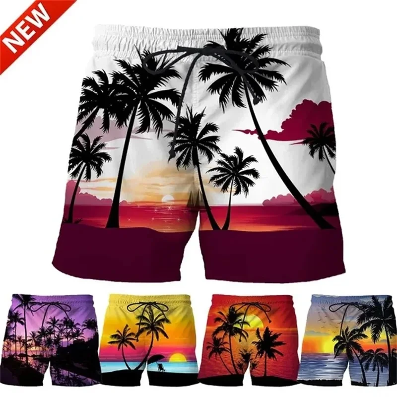 Pantalones cortos de playa hawaianos con estampado 3D de árbol de Coco para hombre, pantalones cortos de natación casuales de verano, pantalones