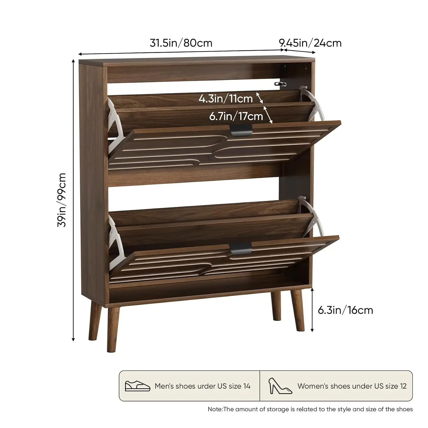 Smart Shoe Cabinet 2 Flip Drawers Freestanding Storage Fluted Panel Hidden Rack Entryway Hallway Brown Customized