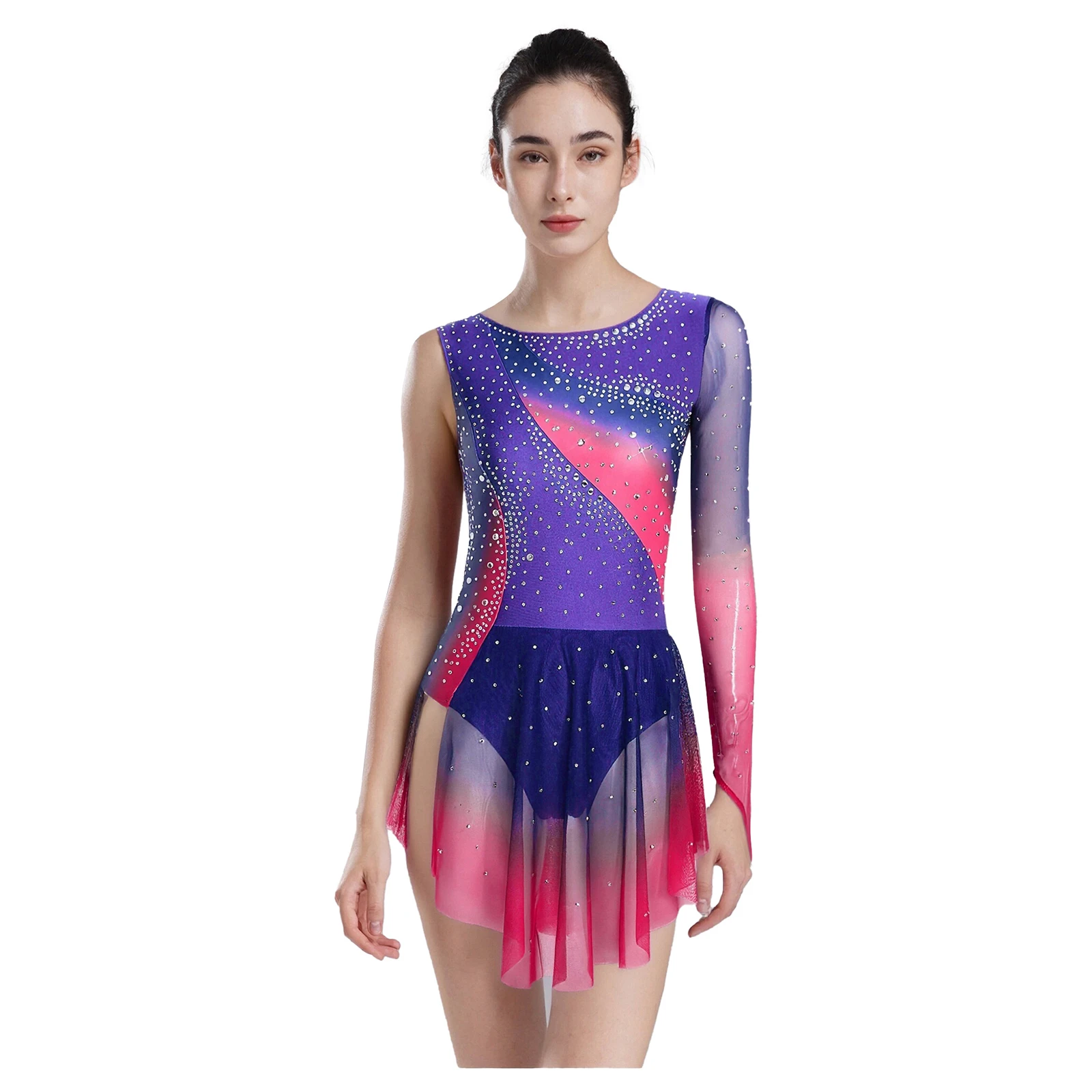 أزياء الباليه التانغو اللاتينية لمسابقات الرقص بأحجار الراين غير النظامية بحاشية شبكية للجمباز يوتار السالسا تشاتشا ارتداءها