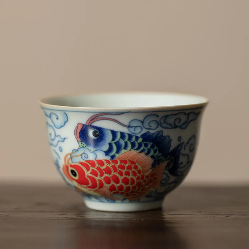 Blue White Dragon Fish Ceramic Tea Cup Chinese Style Personal Master Bowl Heat Resistant Gongfu Tea Ware Home Use