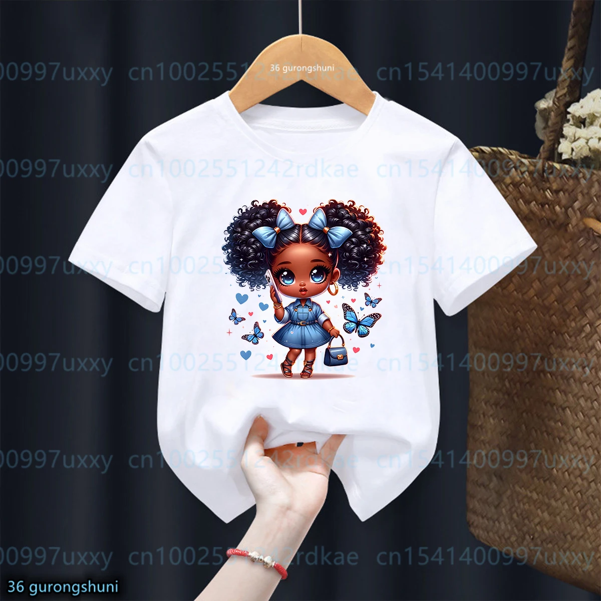 African Black Girl Fairy Tale Butterfly Girl Graphic Print T-shirt Girl Fashion Kawaii Girl Short Sleeved Top Summer Baby Tshirt