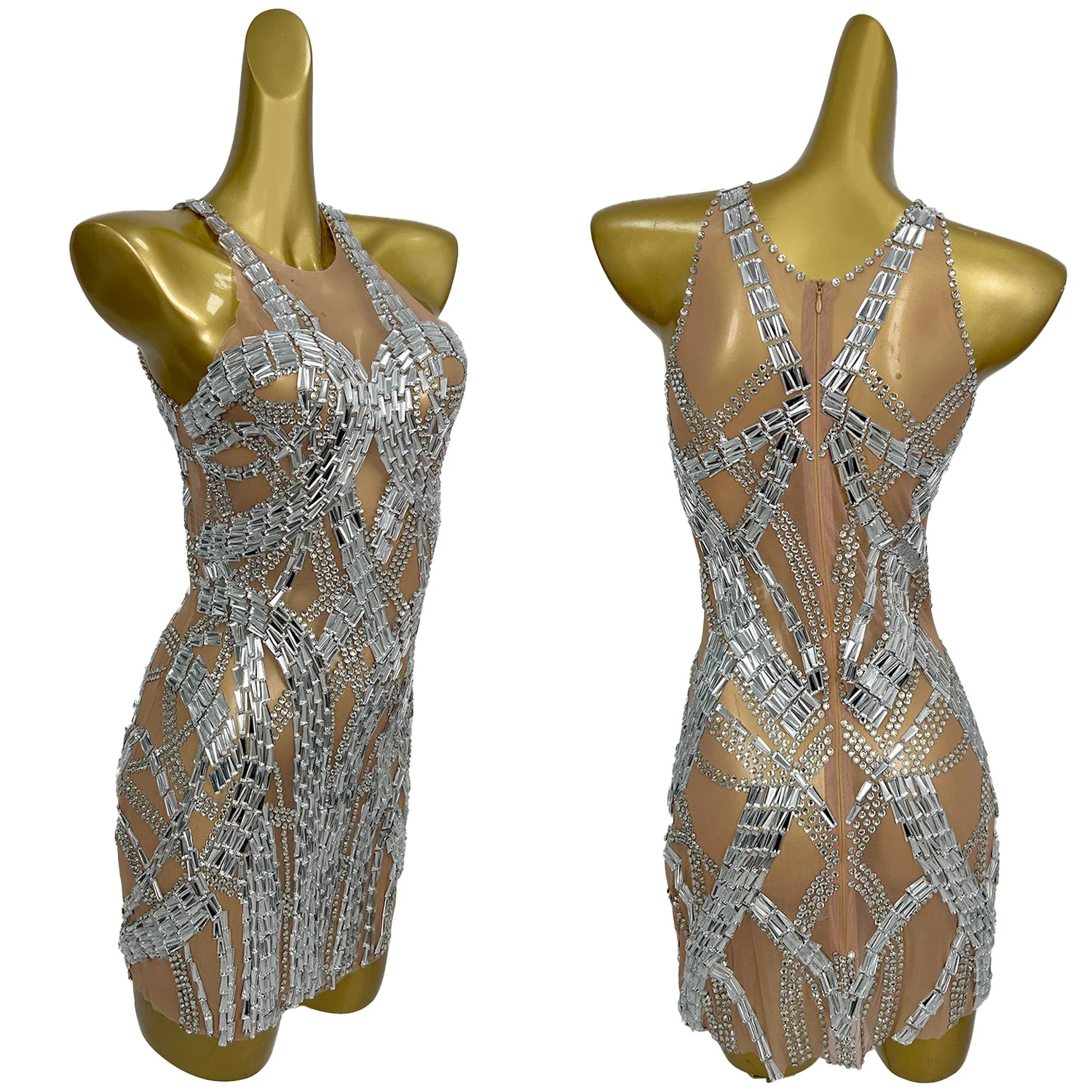 

Fashion Women Sparkly Rhinestone See Through Mesh Silver Mini Dress Birthday Party Bodycon Dress Night Club Sexy Outfit Tianqiao