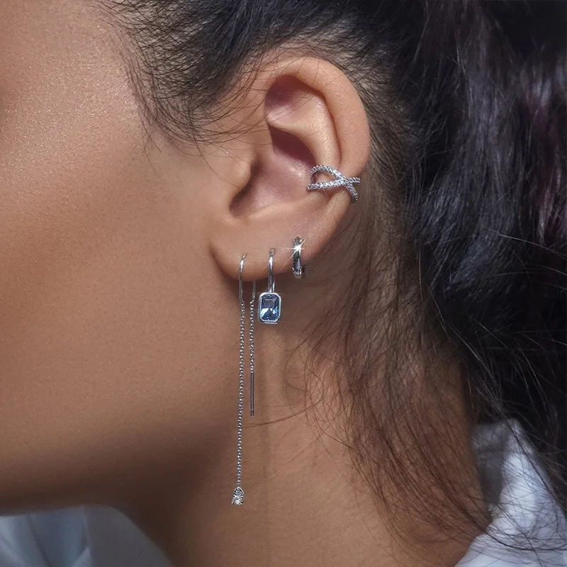 1Pair Four Prong Cz Ear Threader Earrings Solid 925 Sterling Silver Sparkling Trendy Luxury Piercing Jewelry Fine Gifts 9200014