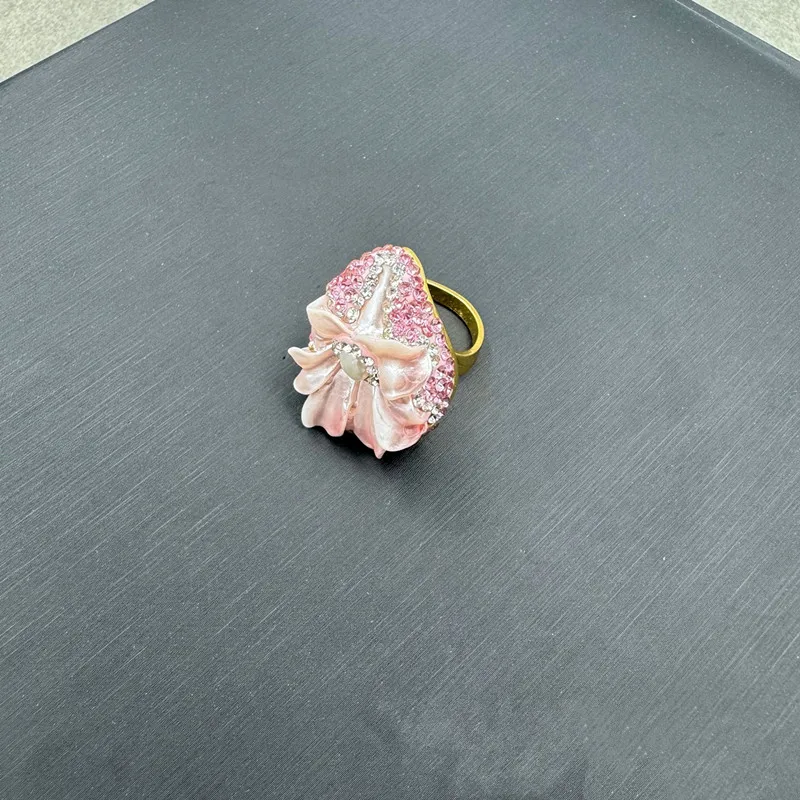 Pink Rose Three-D Lily Flower Shell Pearl Jewelry Set for Women Baroque Pearl Rhinestone Necklace Rings Earrings For Women Party
