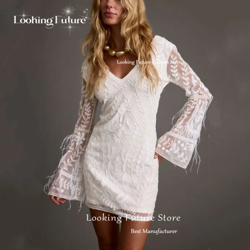 غمد الحديث البسيطة طويلة الأكمام شرابة الدانتيل يزين فستان الزفاف مثير الخامس الرقبة عارية الذراعين الوهم فستان زفاف قصير مخصص