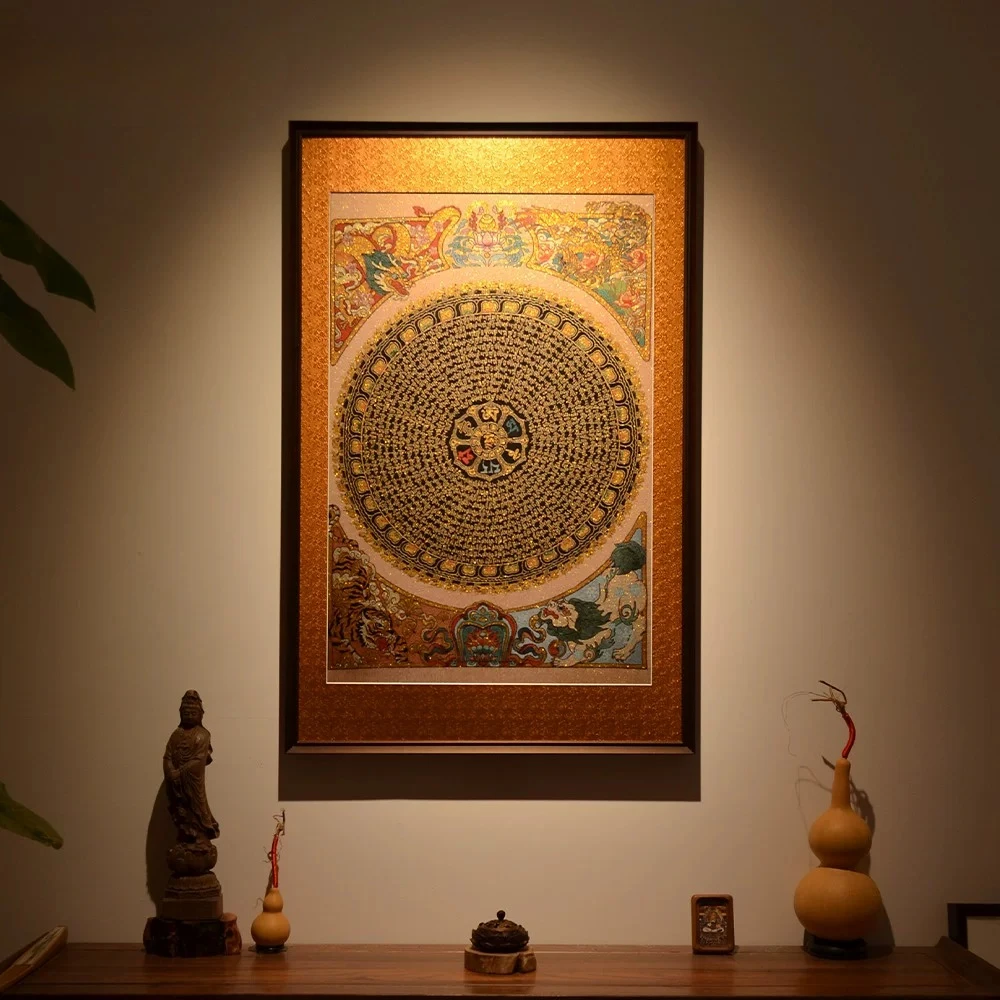 Embroidery Six Characters Mantra Thangka Tea Room Entrance Decorative Painting Living Room Background Wall Painting Sofa