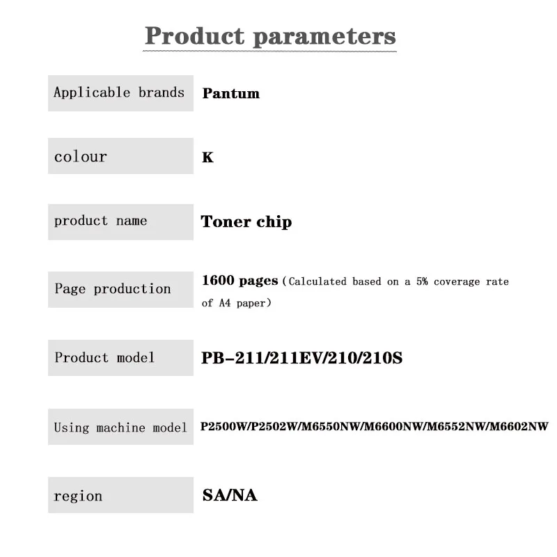 PB-211/211EV/210/210S Toner Cartridge Chip Toner Chip for Pantum P2500W/P2502W/M6550NW/M6600NW/M6552NW/M6602NW