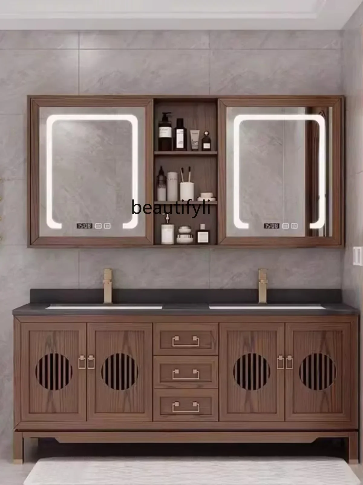 

45Bathroom Cabinet Combination Red Oak Washstand Bathroom Double Basin Floor Washbasin Smart Wall Cupboard