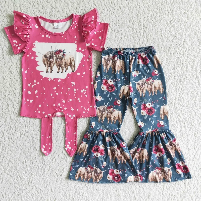 New Summer Fashion Alpine Cow Flower Rose Red Short-sleeved Trousers Suit Baby Girls Wholesale Boutique Children Clothing Outfit