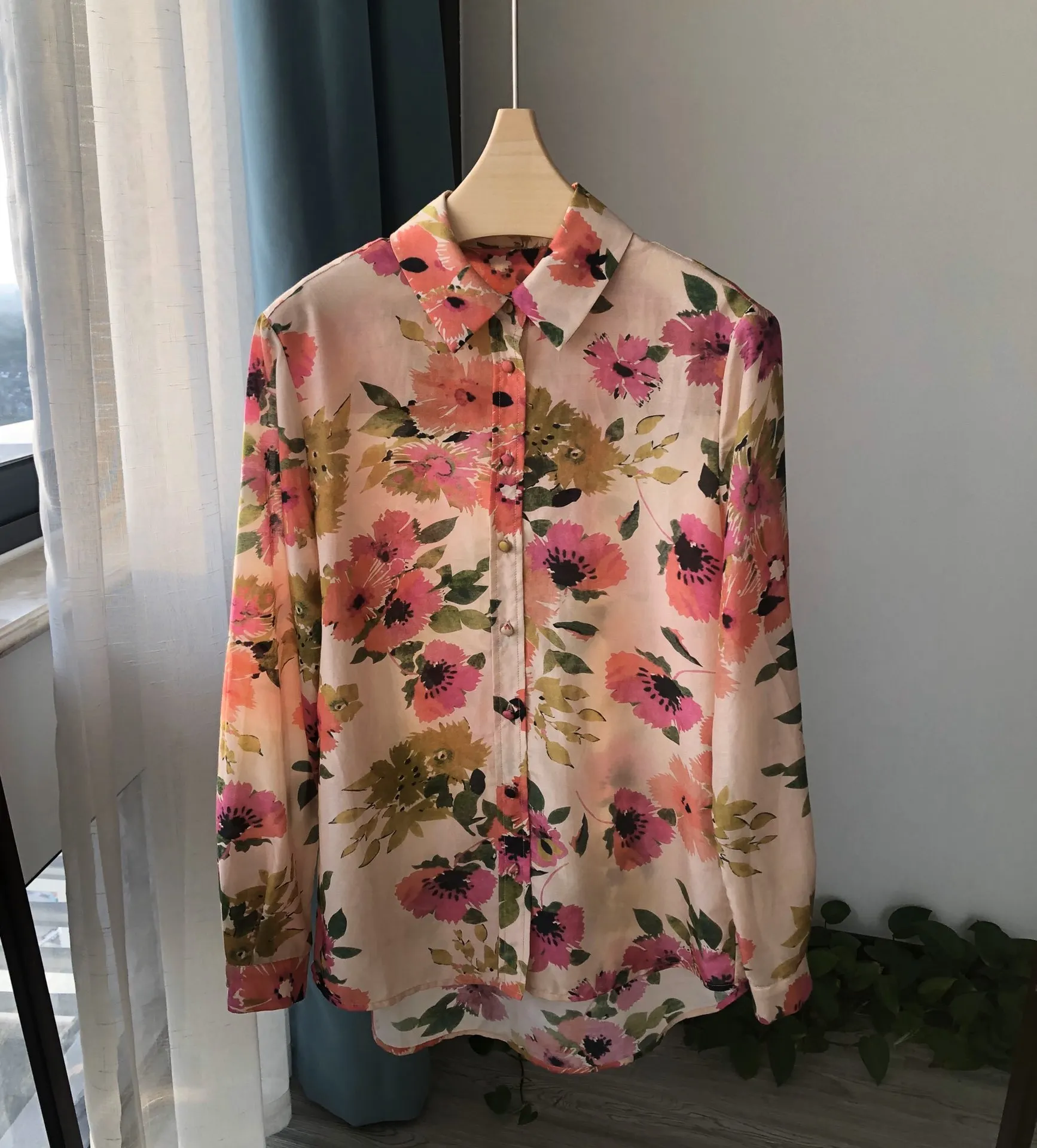 Romantico stile francese Fusang Flower Print bella delicata piccola camicia a maniche lunghe in cotone di seta con colletto a punta top da donna