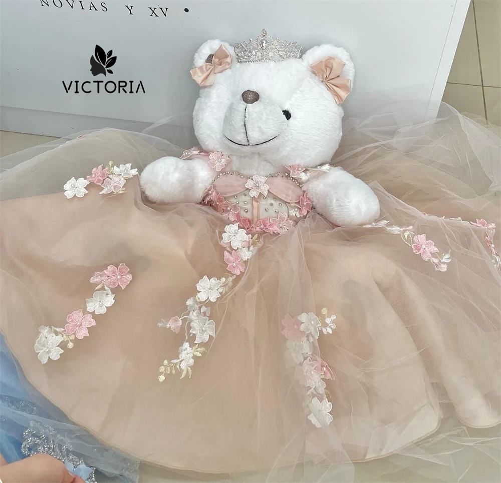 

Cute Champagne Pink Tulle Lace Flowers Personalized Quinceanera Teddy Bear Dress Sweetheart Mexican Cute Little Girls Gift