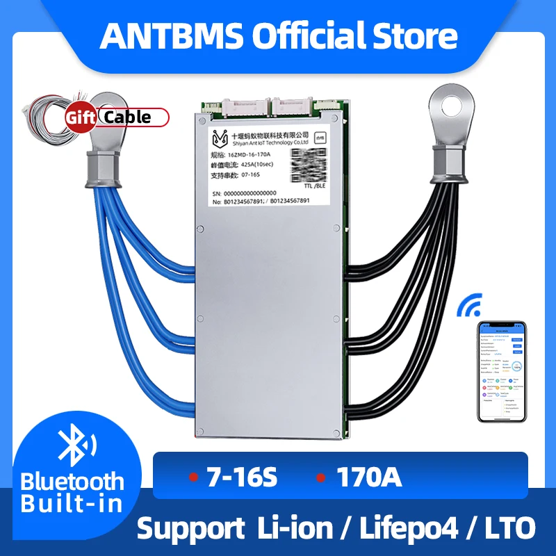 

smart ANT BMS 7S 8S 9S 10S 11S 12S 13S 14S 15S 16S Li-ion LiFePo4 LTO Battery 170A 425A 48V 60V 72V Bluetooth Built-in balance