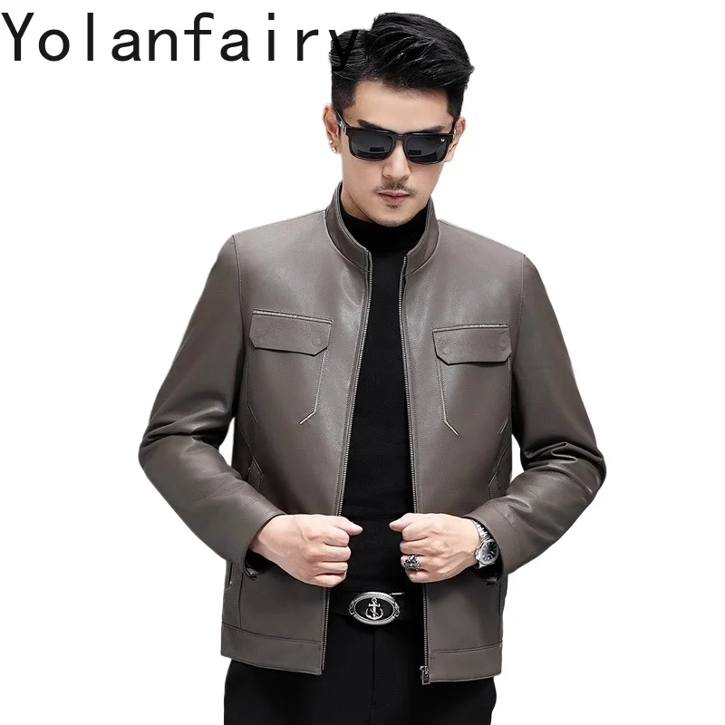 

YOLANFAIRY 2025 куртки из натуральной овчины, мужские осенне-зимние пуховики с воротником-стойкой, мужская повседневная кожаная куртка, пальто