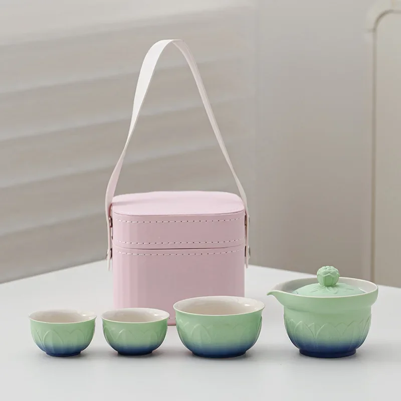 Ceramic Kung Fu Travel Tea Set Outdoor Portable Storage Lotus Petal Quick Tea Cup One Pot Three Cups Tea Sets Complete Set Gift