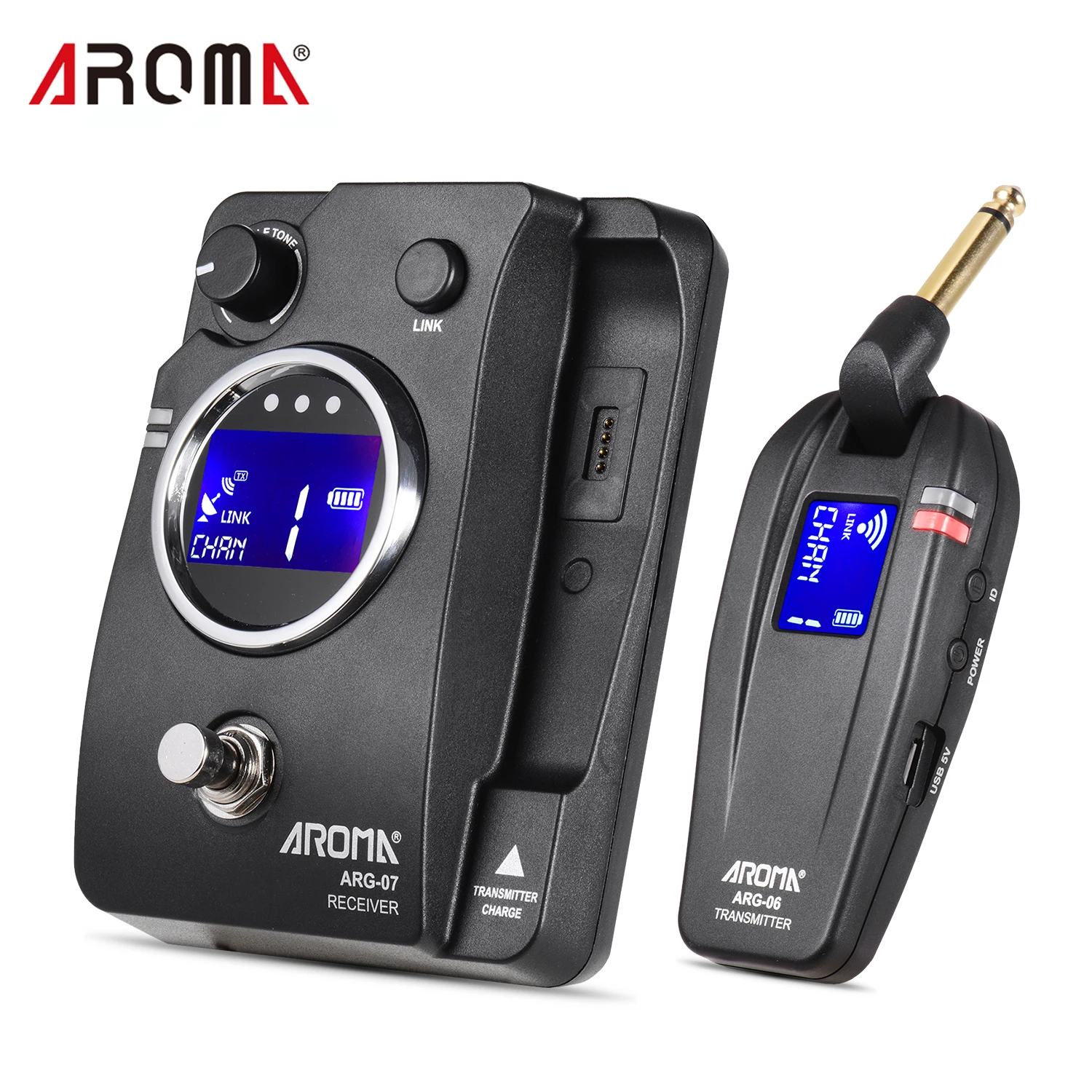 

AROMA ARG-07 Guitar Wireless Transmission System Transmisster Receiver 6.35mm Plug LCD Display 4 Channels Max. 35m Range guitar