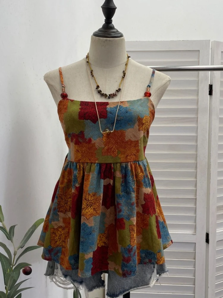 Vacation Oil Painting Pattern Summer Y2k Spaghetti Strap Sleeveless Slim Tanks
