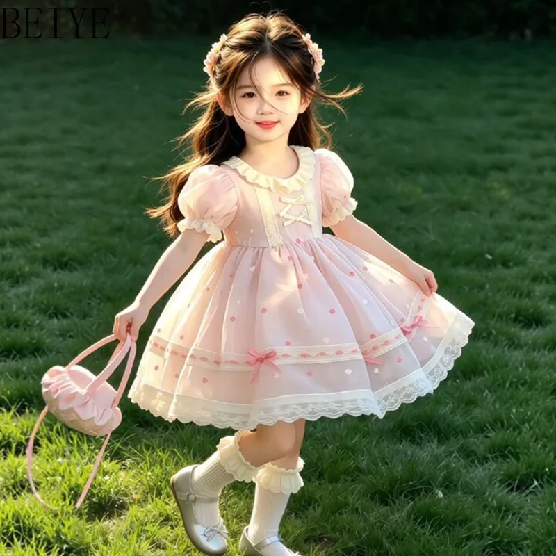 Sweet Pink Polka Dot Girls Lolita Dress Puff Short Sleeve Ruffle Collar Dress Bow Lace Toddler Summer Princess Tutu Sundress