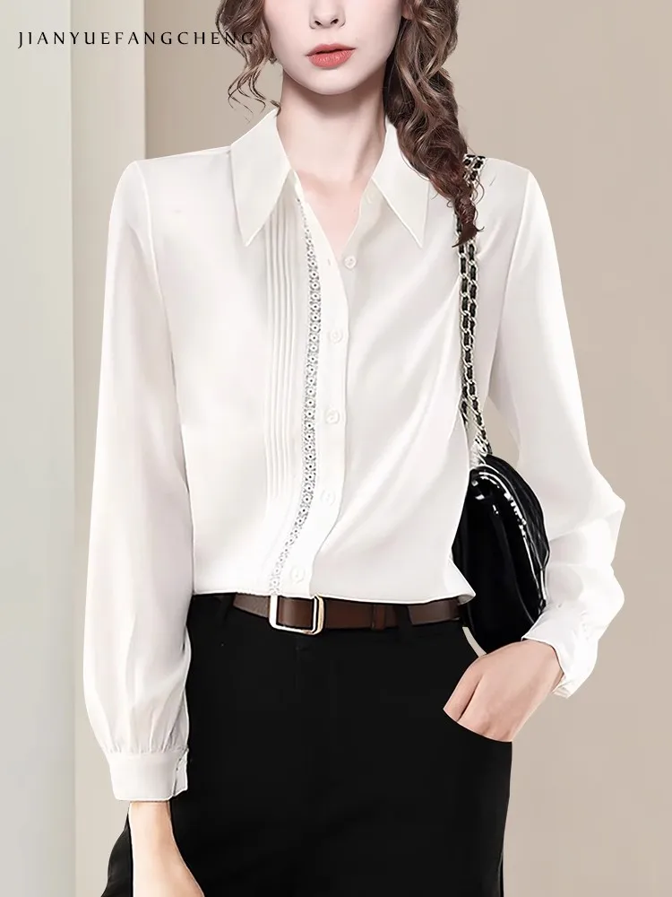 Women' Loose-fitting White Long Sleeve Shirt Elegant Fashion Office Ladies Top Embroidered Blouse