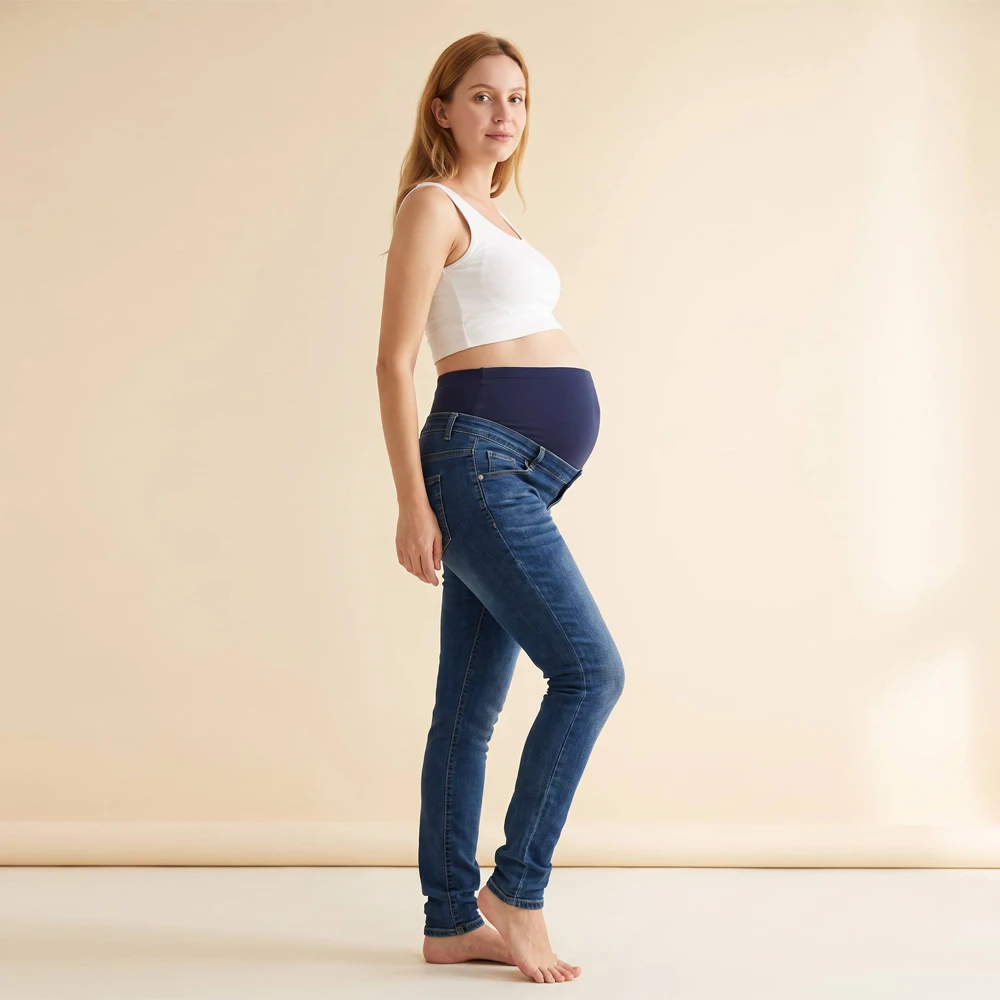 Maternity Skinny Jeans Adjustable Button Elastic Waistband Stretch Denim Slim Fit Pants Classic Pocket Casual Maternity Trousers