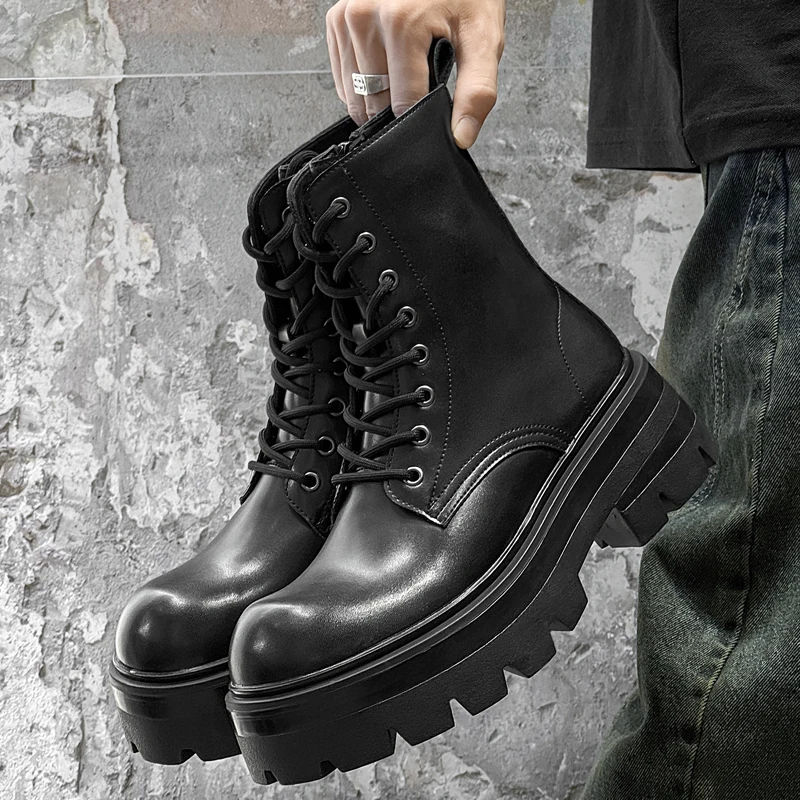 

DIMANYU Men Platform Boots Side Zipper Lace Up Men Combat Boots Thick Lug Sole Streetwear Male Ankle Boots